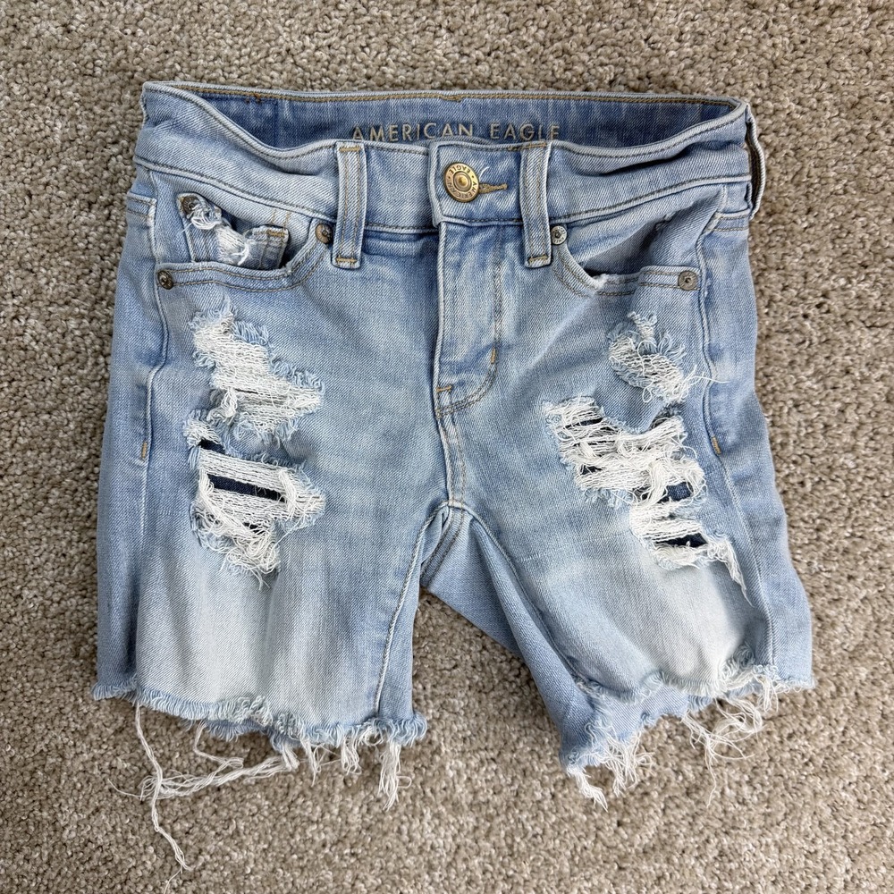 American Eagle Dream Denim Cutoff Shorts Womens 00 Blue Midi Distressed Frayed